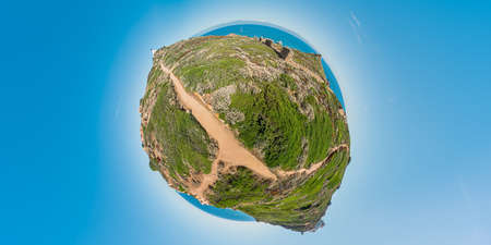 tiny planet of the Sanguinaires islands of Ajaccio town in Corsica island of France. Aerial view of the seascape with the island cliffs and hills in Corsica sea and Mediterranean sea.の写真素材