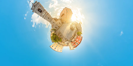 Aerial view of Porto Vecchio city roads at sunset on Corsica island of France. Drone tiny planet...