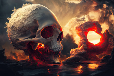 An apocalyptic ruin, still lit by an explosion, contains a skull of fire in the middle of an explosion. Halloween style in the dim light. A visual 3D illustration and digital art.の写真素材