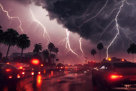 A hurricane tornado or typhoon rages down a city street, destroying cars and palm trees. Lighting up...