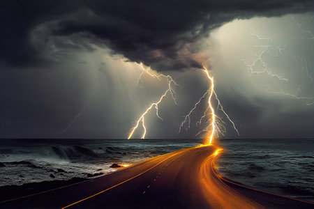 A storm with dangerous lightning strikes in a cloudy sky and stormy ocean is pictured in a natural disaster caused by climate change. 3D illustration and digital painting.の写真素材