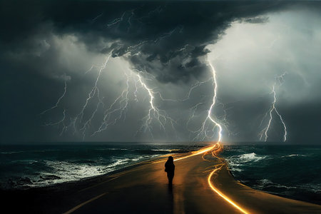 A storm with dangerous lightning strikes in a cloudy sky and stormy ocean is pictured in a natural disaster caused by climate change. 3D illustration and digital painting.の写真素材