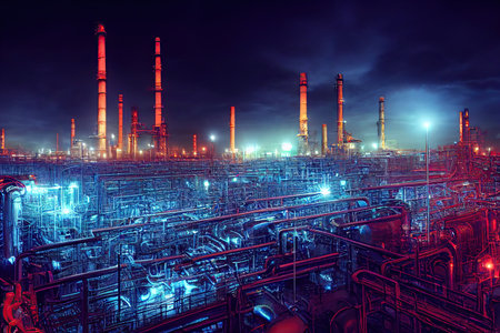 Floodlit industrial oil refinery factory in the night with glowing lights of blue and red. Chemicals warehouse with pipelines and smokestacks with raising smoke. Concept of pollution and gas price.の写真素材