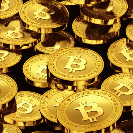 stacked golden Bitcoin texture background and tile template. The close-up of gold Bitcoin for endless tiled texture. 3D illustration and seamless background.の写真素材