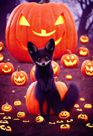 A black baby fox kit close up on Halloween theme background. Halloween pumpkins lit by candlelight at night. 3D rendering in vertical.の写真素材