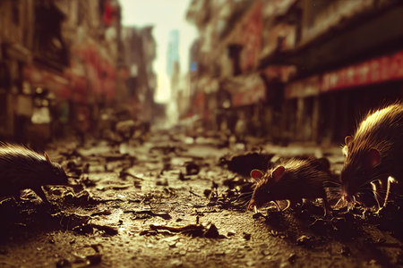 Infestation of houses in urban areas by big mouses, bringing epidemics. 3D rendering and scary...