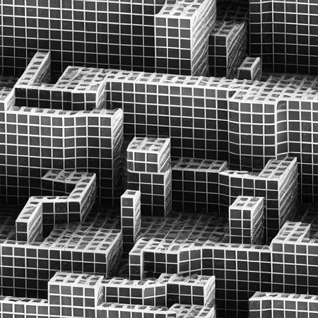 A 3D isometric pattern of a cube dungeon in black and white comics style. A textured background and...