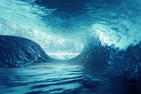 Waves inside the tube in the ocean. An apocalyptic tsunami in the stormy sea. A burst of light is created. 3D rendering.の写真素材