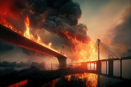 A damaged burning Kerch Strait Bridge in 3D illustration. A sabotage to logistics in an bloody war. A hellish battlefield in a wasteland city of Ukraine.の写真素材