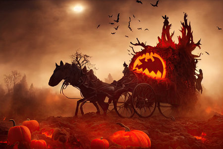 zombie horse-drawn carriage made of Halloween pumpkin, running in a dark forest in the Halloween night by candlelight and the full moon. 3D illustration and fantasy digital painting.の写真素材
