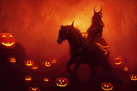 A spooky horseman demon riding from hell with Halloween pumpkins smiling. Moonlight runs through a dark forest during a candlelight Halloween night. Fantasy 3D illustrationの写真素材