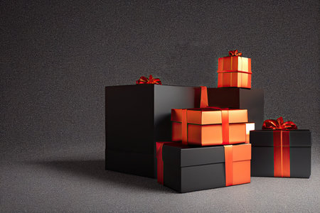 Christmas background boxes. Santa Claus presents for holidays events and greetings cards. Christmas decoration and wrapping paper or gift card templates. 3D illustration.の写真素材