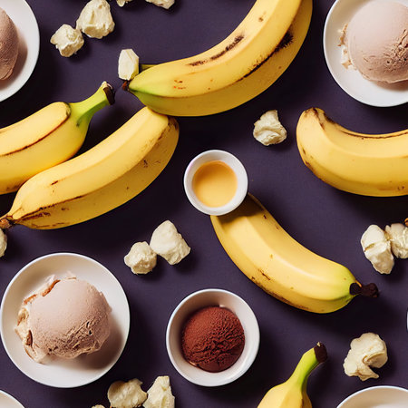 banana and chocolate ice cream on seamless texture background. The endless tile pattern about the ice cream ingredients with banana fruit flavor. 3D illustration and seamless background.の写真素材