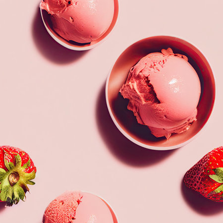 strawberry ice cream on seamless texture background. The endless tile pattern about the ice cream ingredients with strawberry fruit flavor. 3D illustration and seamless background.の写真素材