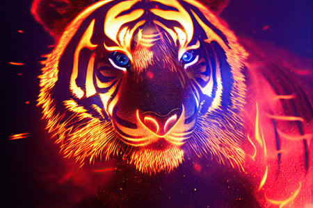 Head of a fire tiger made of glowing embers. Close-up isolated on black background with copy space. 3D illustration of a Chinese tiger zodiac sign.の写真素材
