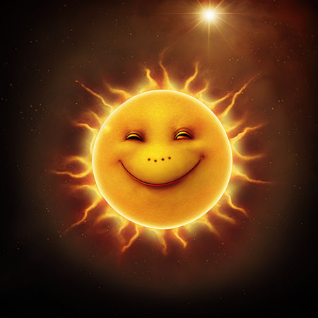 happy sun smiling in deep space and isolated on a black background. Solar green energy and astronomy are conceptually illustrated. 3d illustration with copy space.の写真素材