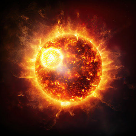 The sun burning in deep space, isolated on black background. Concept of astronomy and solar green energy. 3d illustration with copy space.の写真素材