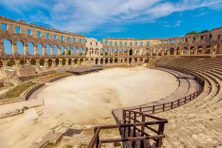 interior of Pula Amphitheater, Coliseum of Pula, well-preserved Roman amphitheater located in the Pula city , Istria, Croatia. This historic arena was constructed during 27 BC to 68 AD by Roman Empireのeditorial素材