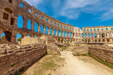 interior view of the Amphitheater or Coliseum of Pula is a well-preserved Roman amphitheater in Pula, Croatia. Ancient Roman empire arena constructed in 27 BC - 68 AD.のeditorial素材