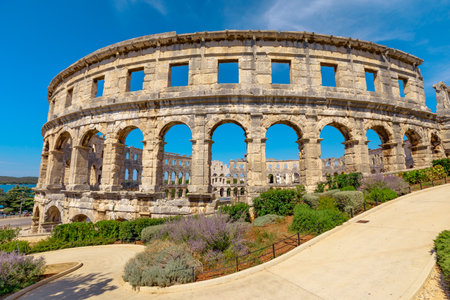 Amphitheater or Coliseum of Pula is a well-preserved Roman amphitheater in Pula, Istria of Croatia. Ancient Roman empire arena in Pula from in 27 BC - 68 AD.のeditorial素材