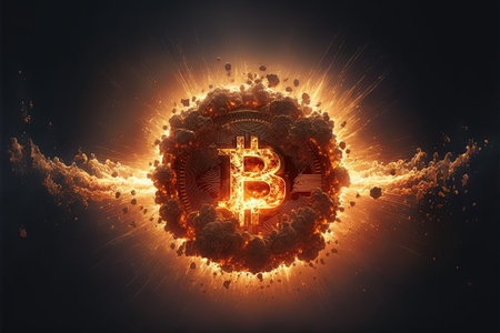 A fiery explosion of Bitcoin is depicted against a dark backdrop, symbolizing the bearish situation...