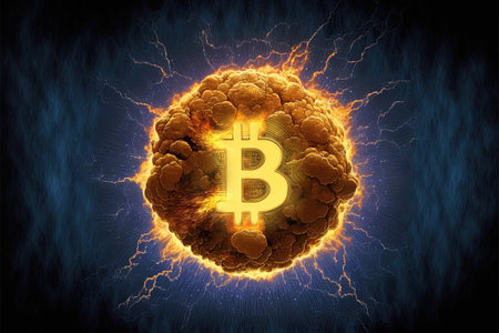 A fiery explosion of Bitcoin surrounded by flames on black background. Crypto market in bearish state, and burst in the crypto-currency combined with inadequate regulation caused prices decrease.の写真素材
