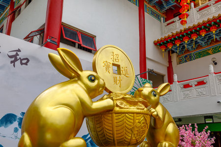 Kuala Lumpur, Malaysia - January 2023: Statues of adorable bunnies of Chinese New Year 2023, which is the year of the rabbit. Thean Hou Temple. This Buddhist temple to the Chinese sea goddess, Mazu.のeditorial素材