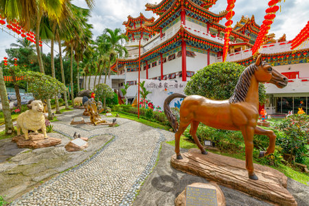 Kuala Lumpur, Malaysia - 2023: horse zodiac sculpture to commemorate the Chinese New Year, the year of water rabbit in Chinese zodiac. In Thean Hou Temple, dedicated to the Mazu Chinese goddess.のeditorial素材