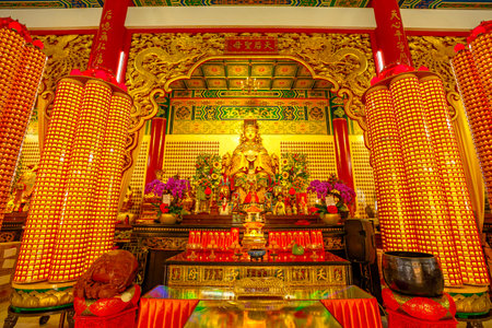 Kuala Lumpur, Malaysia - January 2023: Interior prayer hall with statue of Chinese sea goddess Mazu at Thean Hou Temple. This Chinese temple is a sacred site and popular travel location.のeditorial素材