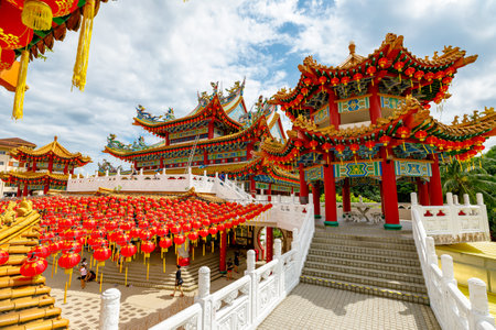 Kuala Lumpur, Malaysia - January 2023: Red lanterns hang at the Chinese Thean Hou Temple, dedicated to Chinese sea goddess Mazu. red lanterns displayed for Chinese New Year, the Water Rabbit.のeditorial素材