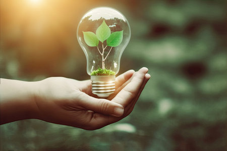 A human hand holding a light bulb with a young plant inside, symbolizing green energy,...