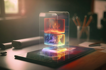 The 3D Touch Hologram Display tech uses lasers to make 3D holographic images, providing immersive experiences in entertainment, medical, and educational fields.の素材