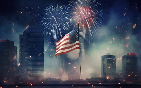 On the Fourth of July, the American flag proudly waves in the night sky illuminated by the vibrant fireworks exploding in American city skyline. Celebration of nations independence, filled with prideの素材