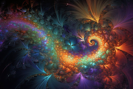 bold and vibrant colors with deep blues, fiery oranges, electric greens, and passionate purples all working in harmony to create sense of movement and depth. Abstract fractals painting. AI-generatedの素材