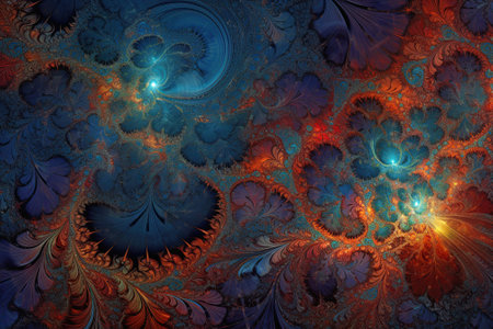 Abstract fractals painting. Your eyes follow the intricate patterns and curves, tracing the paths of the shapes as they weave in and out of each other. AI-generatedの素材