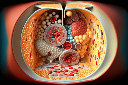 cross-section of a fantasy internal structure of a cell or microorganism. It shows cell membrane, cytoplasm, and various organelles such as the nucleus, mitochondria, vacuole and endoplasmic reticulumの写真素材