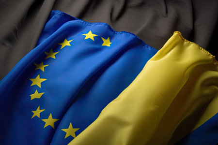 The Ukraine flag and European flag wave together, showing support and solidarity. Europeans stand with Ukraines bid to join the EU. AI-generated.の素材