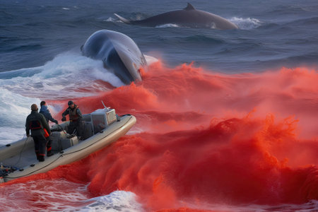 Offshore whaling: the hunting of whales. An International Whaling Commission was established in 1946 to promote the conservation of whale populations and to regulate the whales hunting. AI-generatedの素材