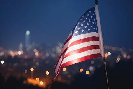 American flag waving in the night with fireworks on the American city skyline. Fourth of July independence day celebration. AI-generatedの素材