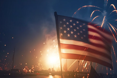 On the night of Independence Day, the American flag proudly flutters in the sky over the city. The stunning fireworks display adds to the patriotic feeling of celebration. AI-generatedの素材