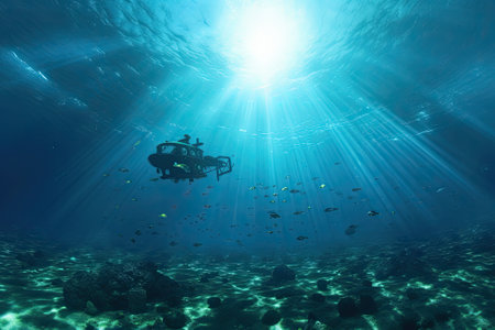 touristic submersible equipped with powerful lights and state-of-the-art imaging equipment, it captures mesmerizing footage of underwater ecosystems and elusive creatures. AI-generated.の素材