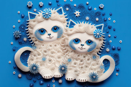 Cute fluffy twins ragdoll of Gemini zodiac sign made of 3D paper cut quilling. New year horoscope...