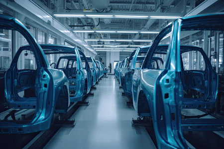 An advanced auto manufacturing robot factory hums with precision and efficiency, where cutting-edge robotic arms and assembly lines work seamlessly to construct vehicles. AI-generatedの素材
