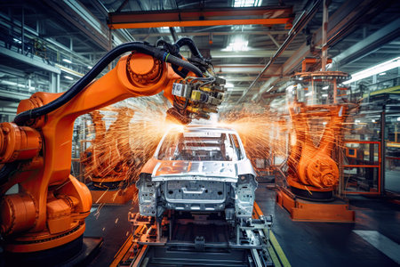Advanced auto manufacturing robot factory revolutionizes the manufacturing process, marrying technology and innovation to deliver high-quality vehicles to the market. AI-generatedの素材