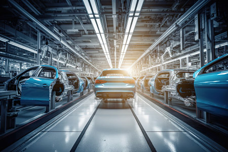 In the car factory, robots work in perfect harmony, meticulously welding, painting, and assembling components, giving us a glimpse into the future of automotive production. AI-generatedの素材