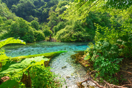 Blue Eye water spring natural wonder, located in southern Albania. It is named after its mesmerizing blue color, which resembles a giant, vibrant eye.の写真素材