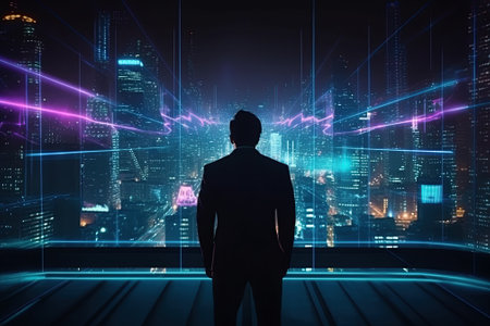 A businessman is seen in a futuristic city at night, portraying a professional image in a modern and high-tech urban setting that highlights progress, innovation, and forward-thinking. AI-generated.の素材