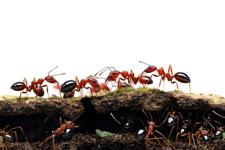 A close-up view of red ants as they gather food and transport it to their anthill with hard work and dedication. The ants are against a white background. AI-generated.の素材