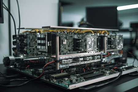 mining rig is small and efficient, with specialized hardware and strong GPUs. It mines Bitcoin by solving intricate mathematical algorithms, helping to maintain the decentralized network. AI-Generatedの素材