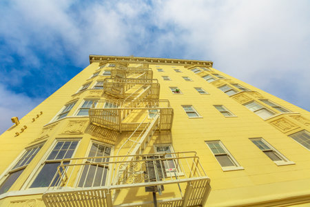 San Francisco, California, United States - Aug 17, 2016: bottom view of Victorian Houses in Haight-Ashbury neighborhood of San Francisco. Urban landmark.のeditorial素材